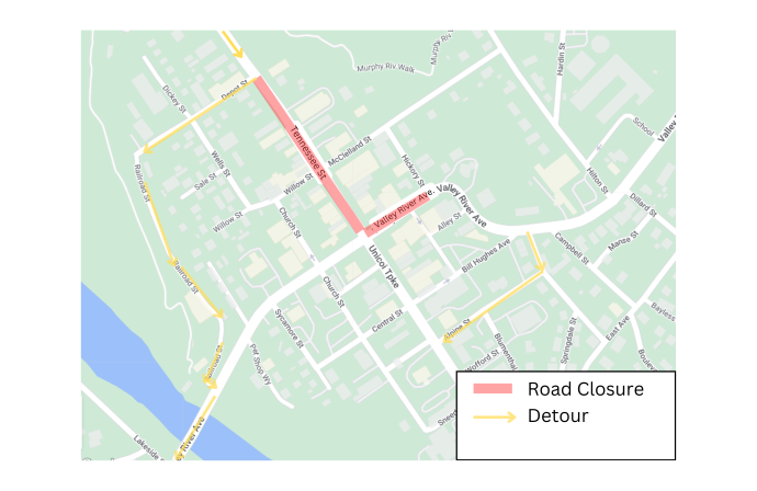 Map of Road Closures and Detours for Murphy Spring Festival on May 11, 2024